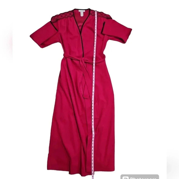 Komar Womens Vintage 1980s Red Long Robe Black Trim Glam Power Lounge Sash Tie - Picture 7 of 8